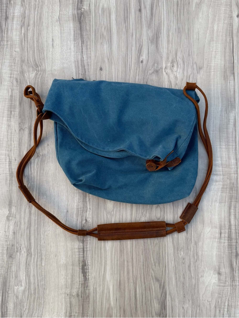 Blue Canvas Crossbody Bag with Brown Leather Trim